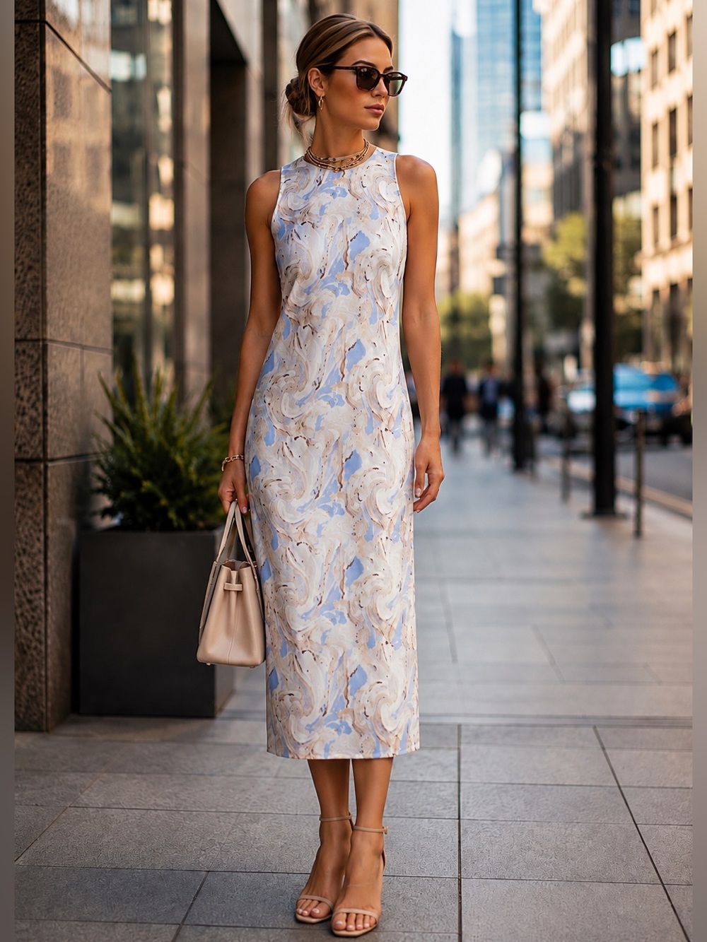 JOIE Women's Marble-Print Sleeveless Midi Dress in Light Blue and Cream S